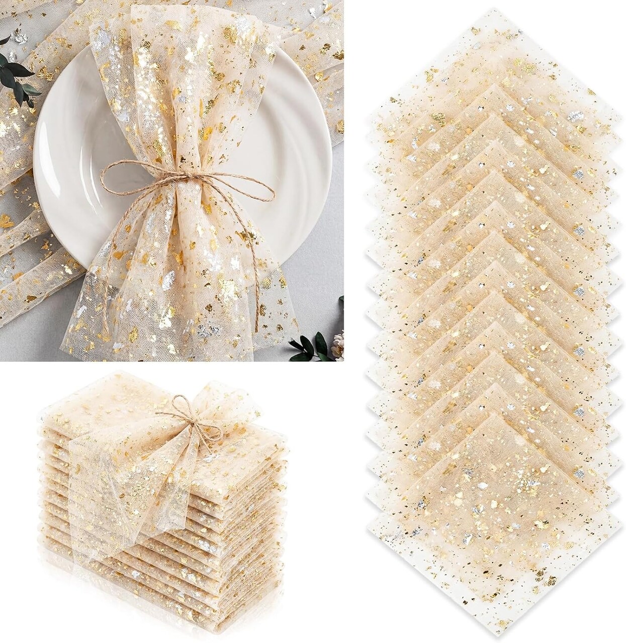 25 Pack Gauze Chiffon Napkins with Gold Foil – 20×20 Inch Sheer Metallic Table Napkins for Wedding, Bridal Shower & Party Decor